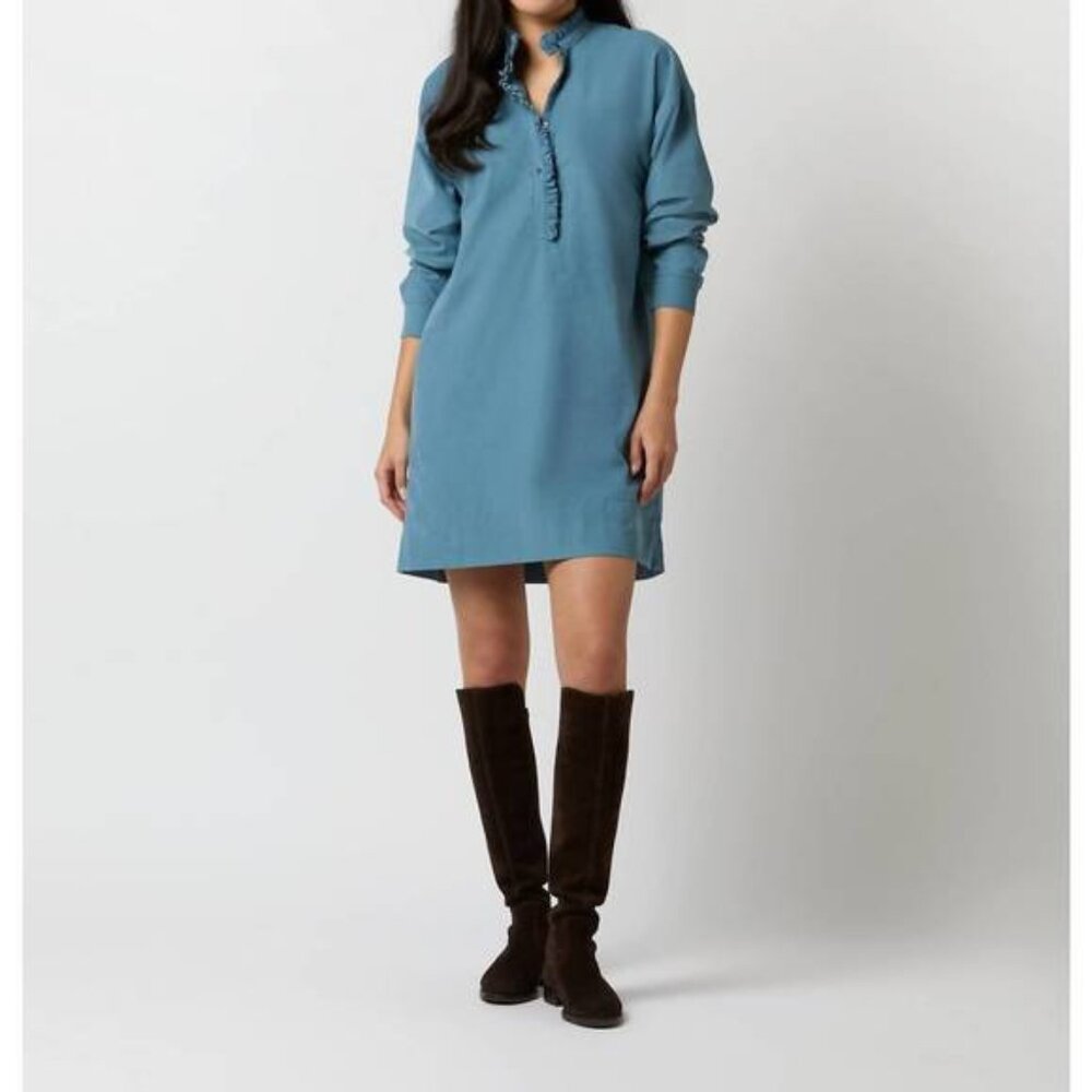 NEW ANN MASHBURN nicky popover shirtdress in steel blue stretch cord